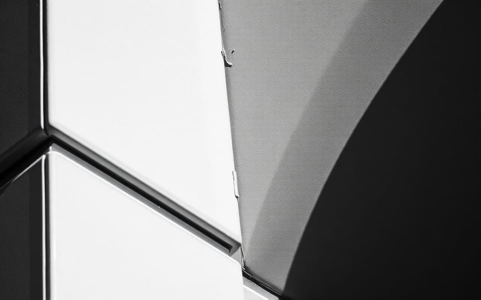 Sharp architectural detail in monochrome — a wall edge and its cast shadow.