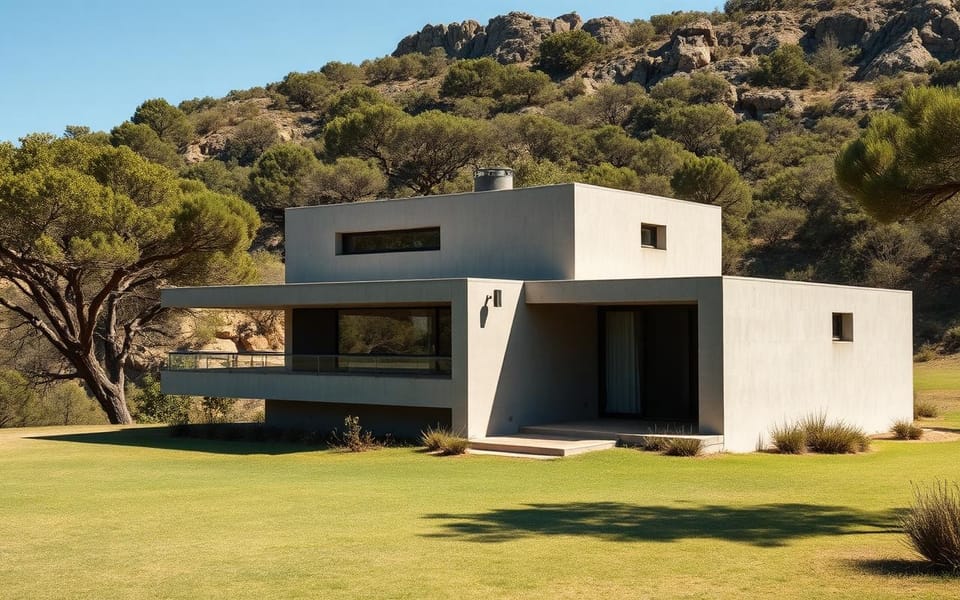 Flat-roofed modern house in pale render, stepped into a rocky hillside among pines.