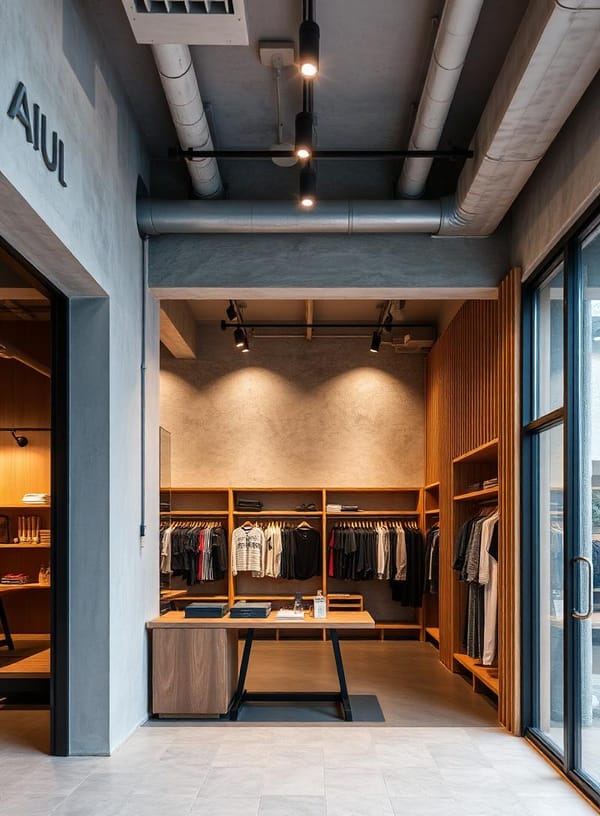 Boutique retail interior with industrial pendant lighting and timber detailing.
